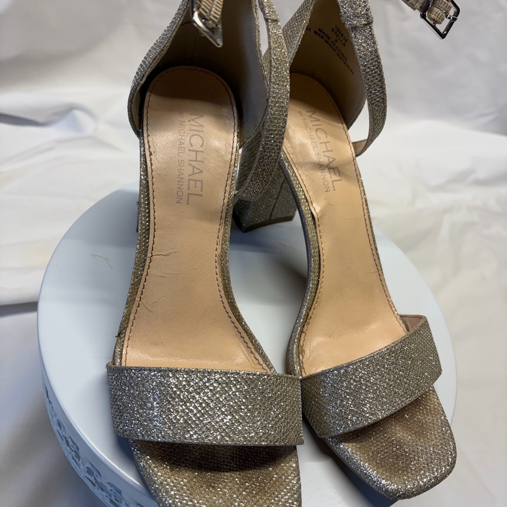 Michael Shannon Metallic Gold Glitter Block Heel Sandals